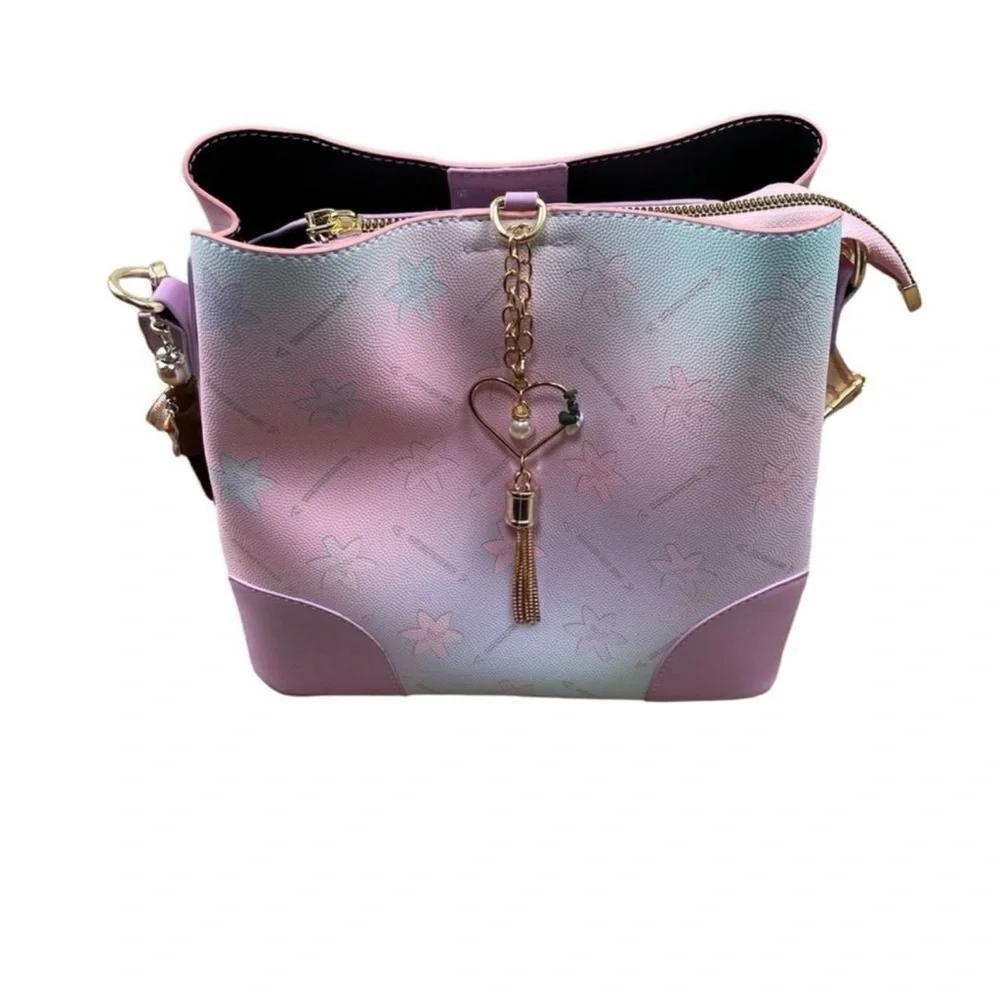 3 Pocket Elegant lotus flower multicolor charm Bucket Bag